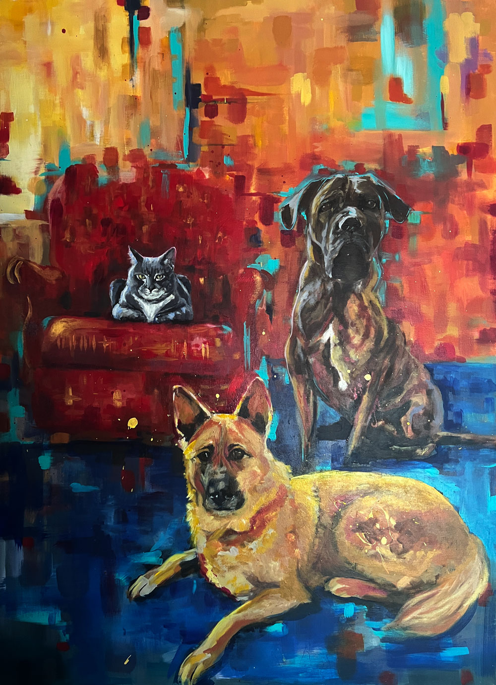 abstract painting of 2 dogs and a cat on a chair