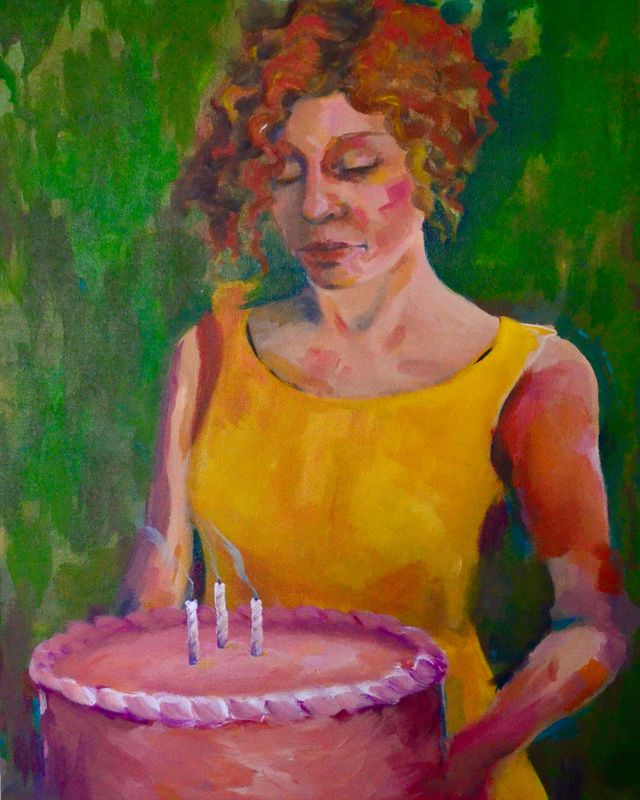 painting of woman holding birthday cake